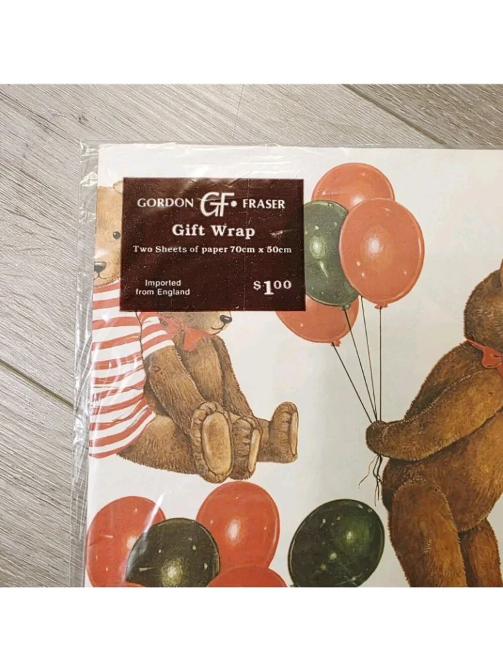 Vtg Anthropomorphic Brown Teddy Bears Red Green Balloons Wrapping Paper Crafts